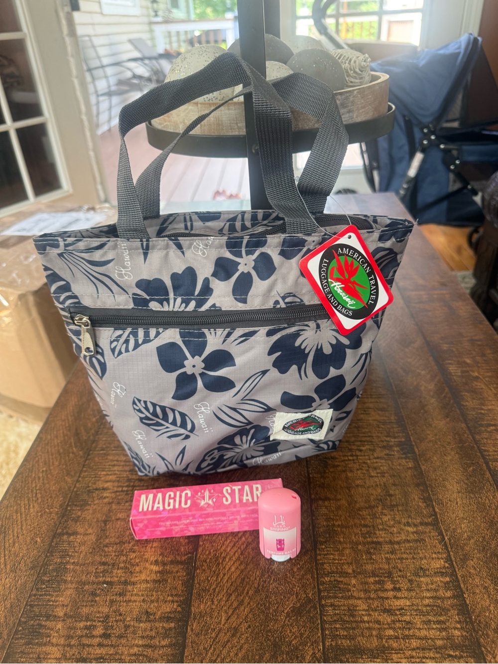 Navy Floral Tote Bag with Jeffrey Start, perfume balm